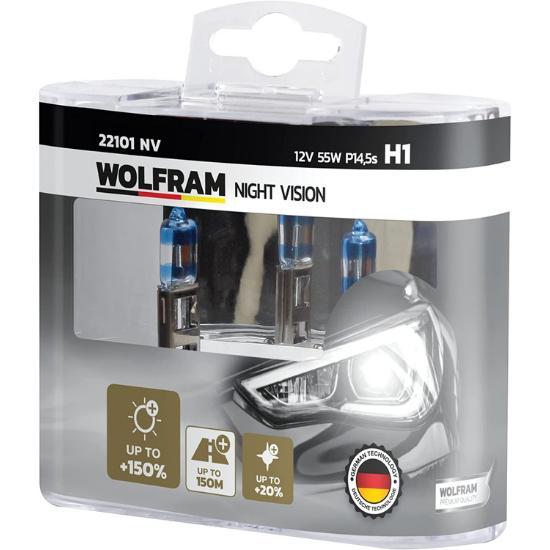 Лампа галогенная WOLFRAM NIGHT VISION +150% EXTRA LIGHT + 20% WHITER H1 P14.5s 12V 55W 2 шт