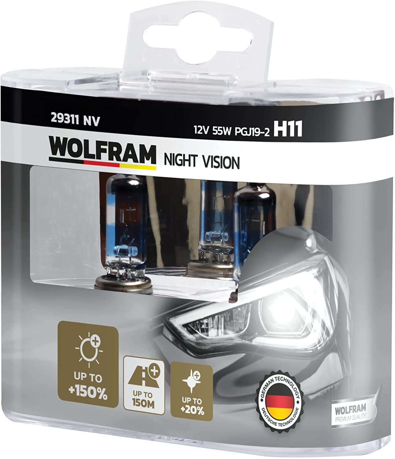 Лампа галогенная WOLFRAM NIGHT VISION +150% EXTRA LIGHT + 20% WHITER H11 PGJ19-2 12V 55W 2 шт.
